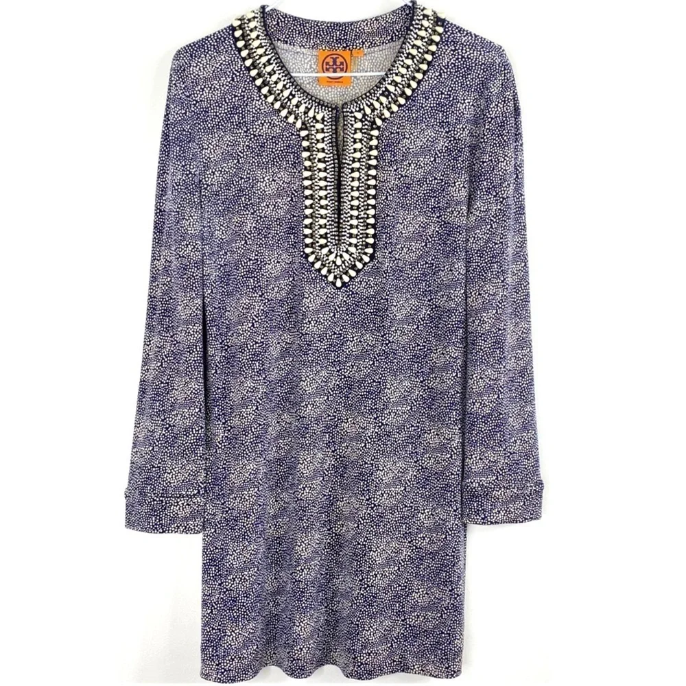 TORY Burch Silk Beaded Neck Dots Print Tunic Top in Blue Size S